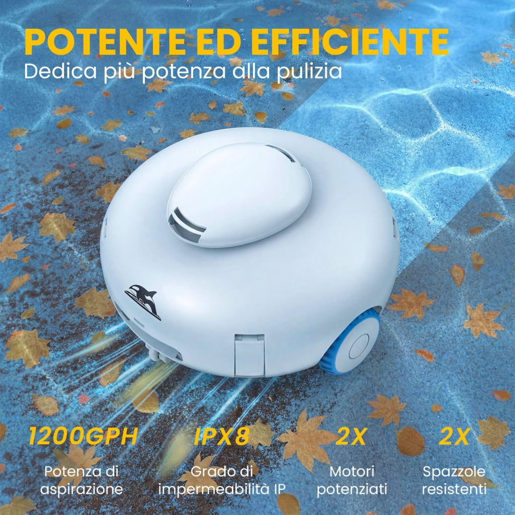 Robot pulitore per piscine, autonomia di 120 minuti, in grado di arrampicarsi sulle pareti della piscina, potente aspirazione, parcheggio automatico.