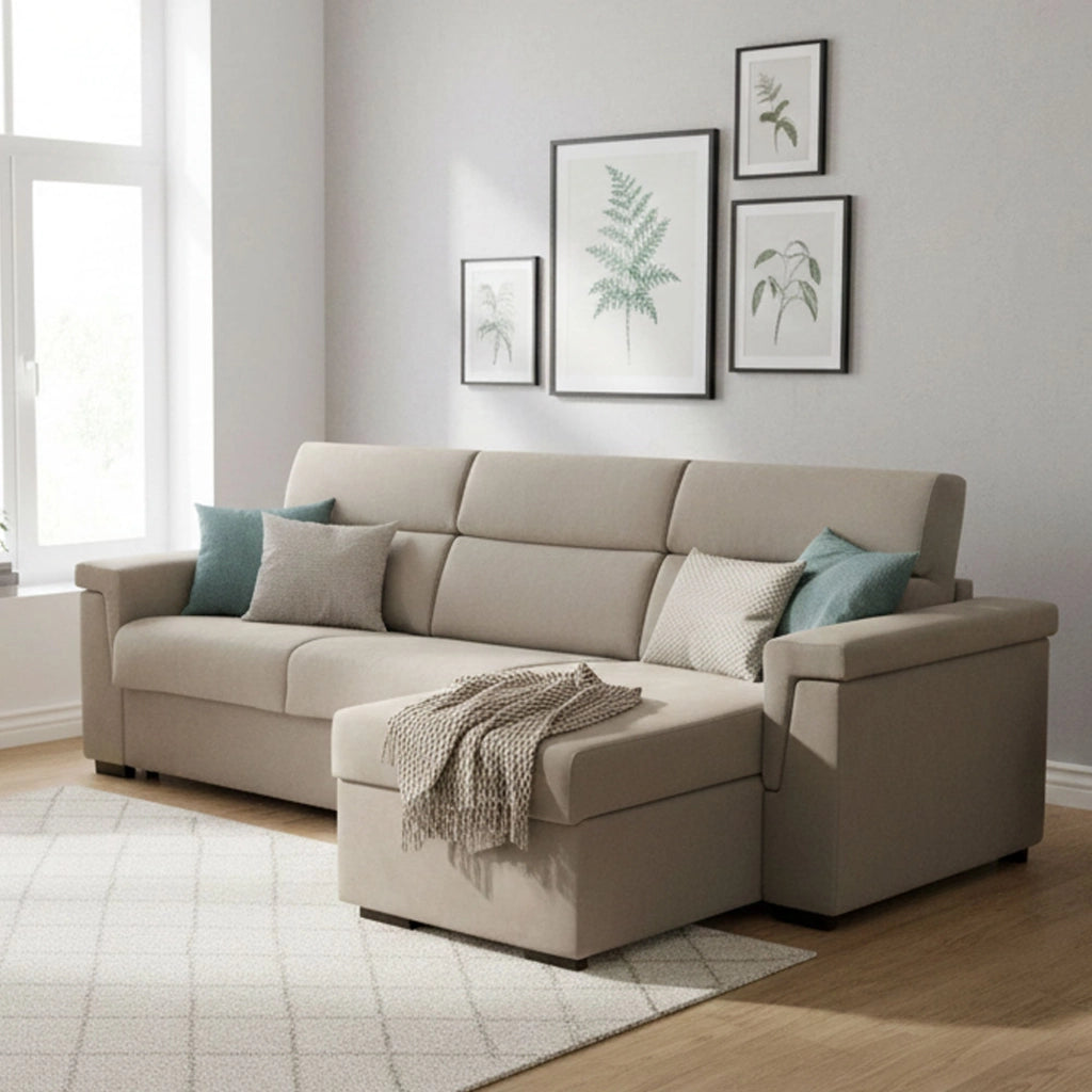 Esca, Divano Letto con Penisola Sfoderabile Made in Italy, 285x160 cm Grigio Tortora