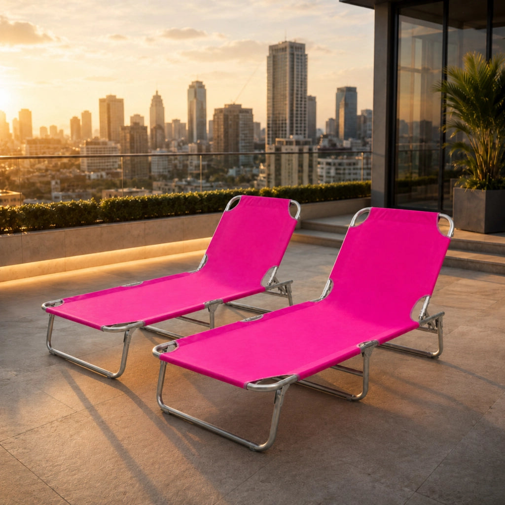 Coppia Di Sedie Sdraio Pieghevoli Prendisole Schienale Regolabile Reclinabile Struttura In Metallo Per Spiaggia Giardino Mare Piscina Senza Tettuccio 187 x 53 x 24 Cm Rosa