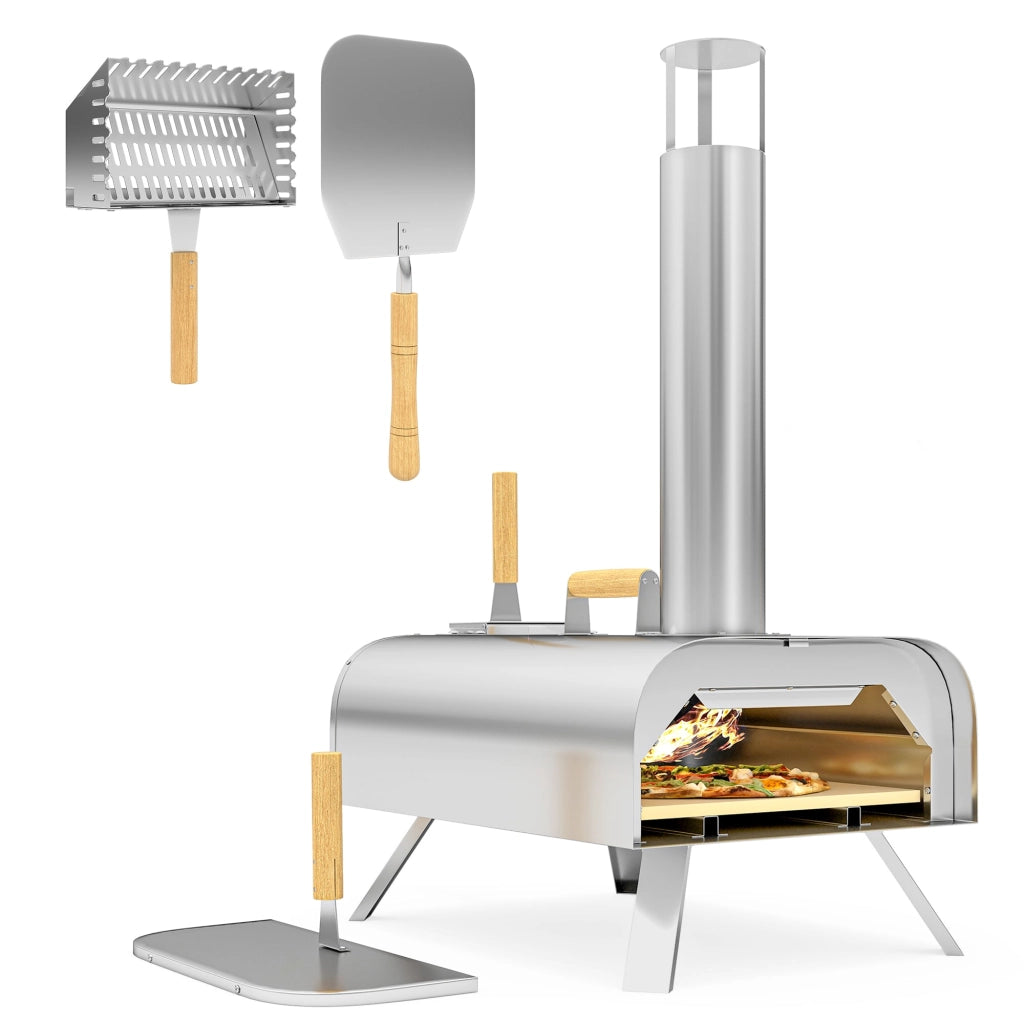 Forno per Pizza a Pellet 79x36x75 cm con Pietra Refrattaria e Pala in Acciaio Inox Argento