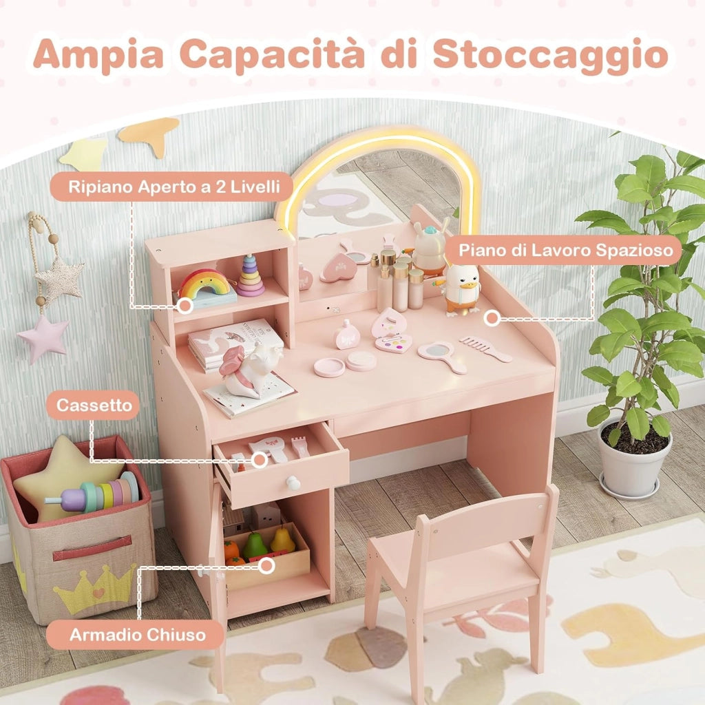 Toeletta Trucco 2 in 1 per Bambina, Specchiera per Ragazza in Legno con Mensole, Cassetto, Ripiani e Luci LED Regolabile, Postazione Trucco per 3 Anni, 80 x 40 x 94 cm (Rosa Chiaro)