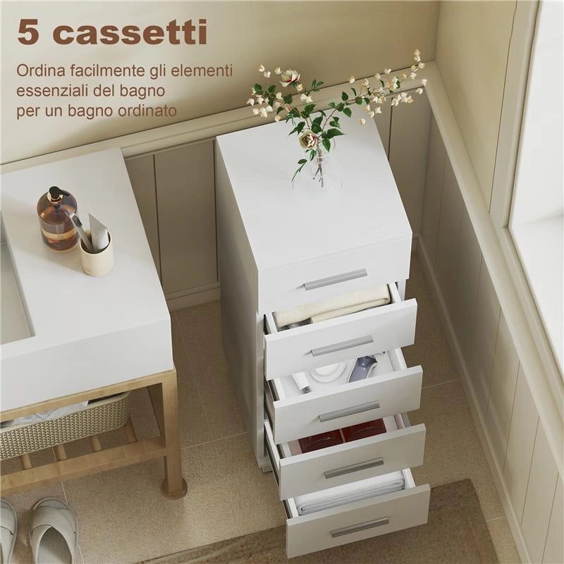 CASSETTIERA A 5 CASSETTI PER CAMERA DA LETTO E SOGGIORNO IN LEGNO FSC, 30X30X95 CM, BIANCO
