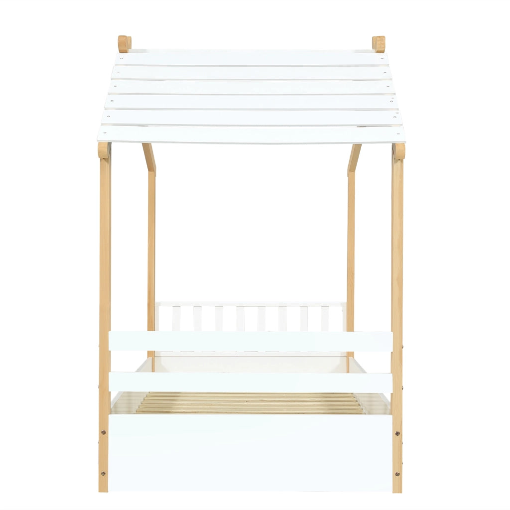 Letto Casetta 90x200 cm con Rete a Doghe - in Legno Massello e MDF - Bianco e Naturale