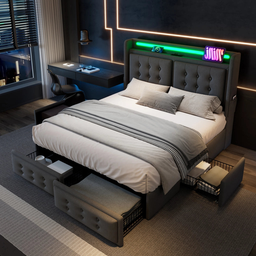 Letto matrimoniale 140x200 cm imbottito in tessuto effetto cotone e lino; grigio; con LED e 4 cassetti