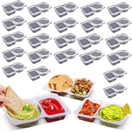 Opbergdozzino in Plastica con Copertura, Contenitori di Snack Riciclabili con Due Compartimenti per Salse, Dipingi e Spezie - Set da 25