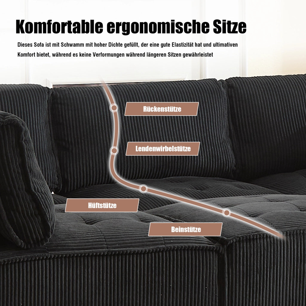 OKWISH Divano Modulare 6 Posti, Configurazione a U o L e Funzione Letto, Tasche Laterali, Velluto a Coste, Nero