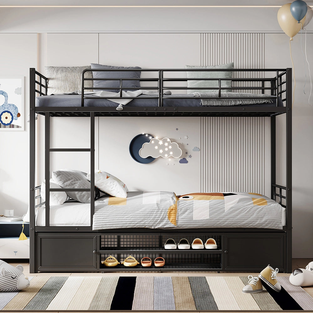 Letto a castello 90x200 - Xylo - Armadio aperto per scarpe, piccolo armadio di archiviazione a due ante, scala laterale con barriera antiscivolo, nero