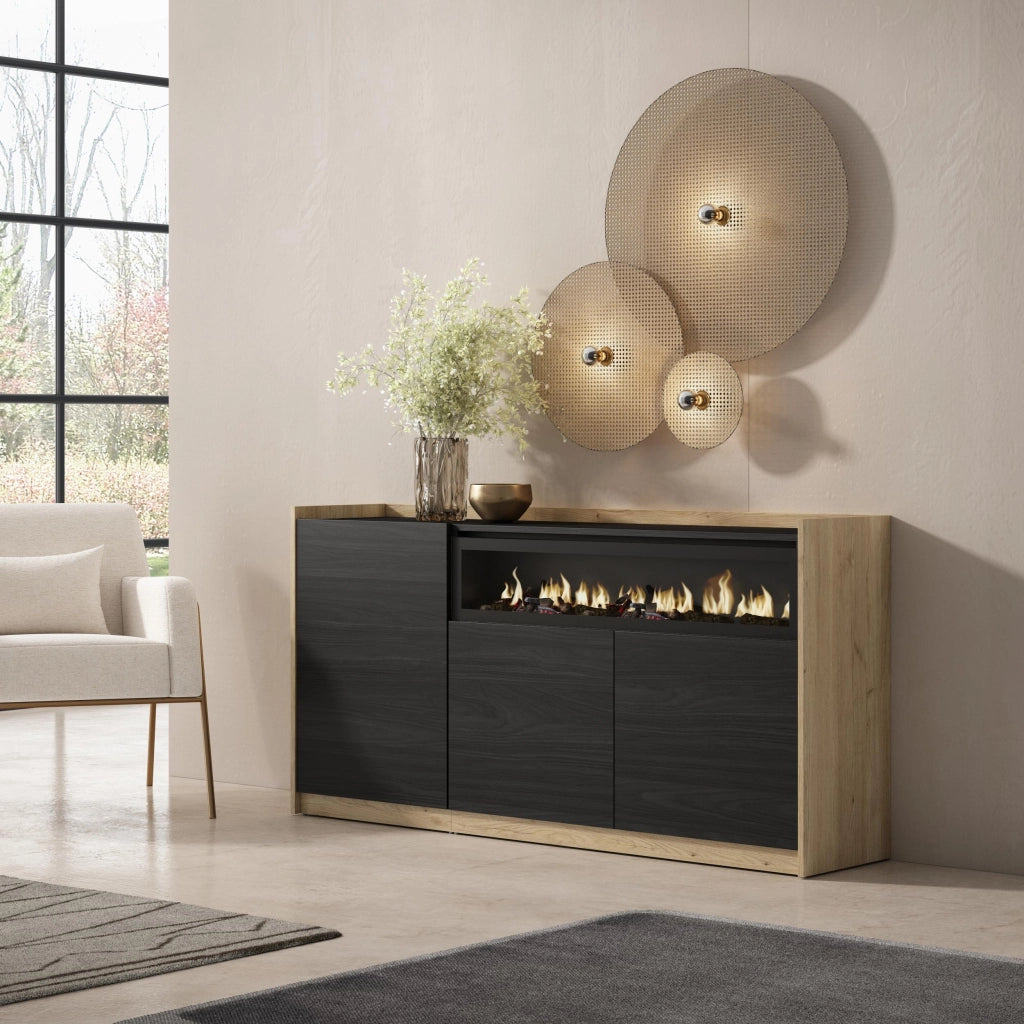 Credenza, Mobile, Cucina, 156x80x37 cm, 3 Porte, Camino elettrico, Nero e rovere
