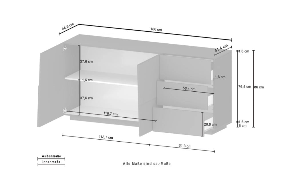 Credenza PONGO 180 cm - Mobile con 2 Ante, 3 Cassetti e Ripiani Interni Spaziosi