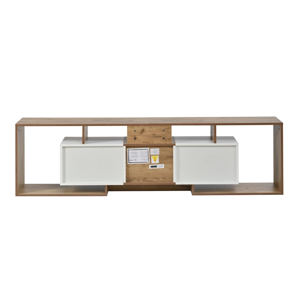 Mobile TV moderno 180x30x49 cm con 2 ante a ribalta, 1 anta e 3 vani aperti, bianco e effetto legno naturale