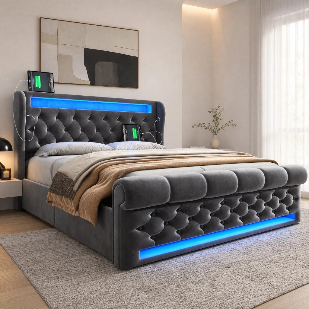 LETTO Contenitore 140x200 cm Velluto Grigio con LED USB e Type-C