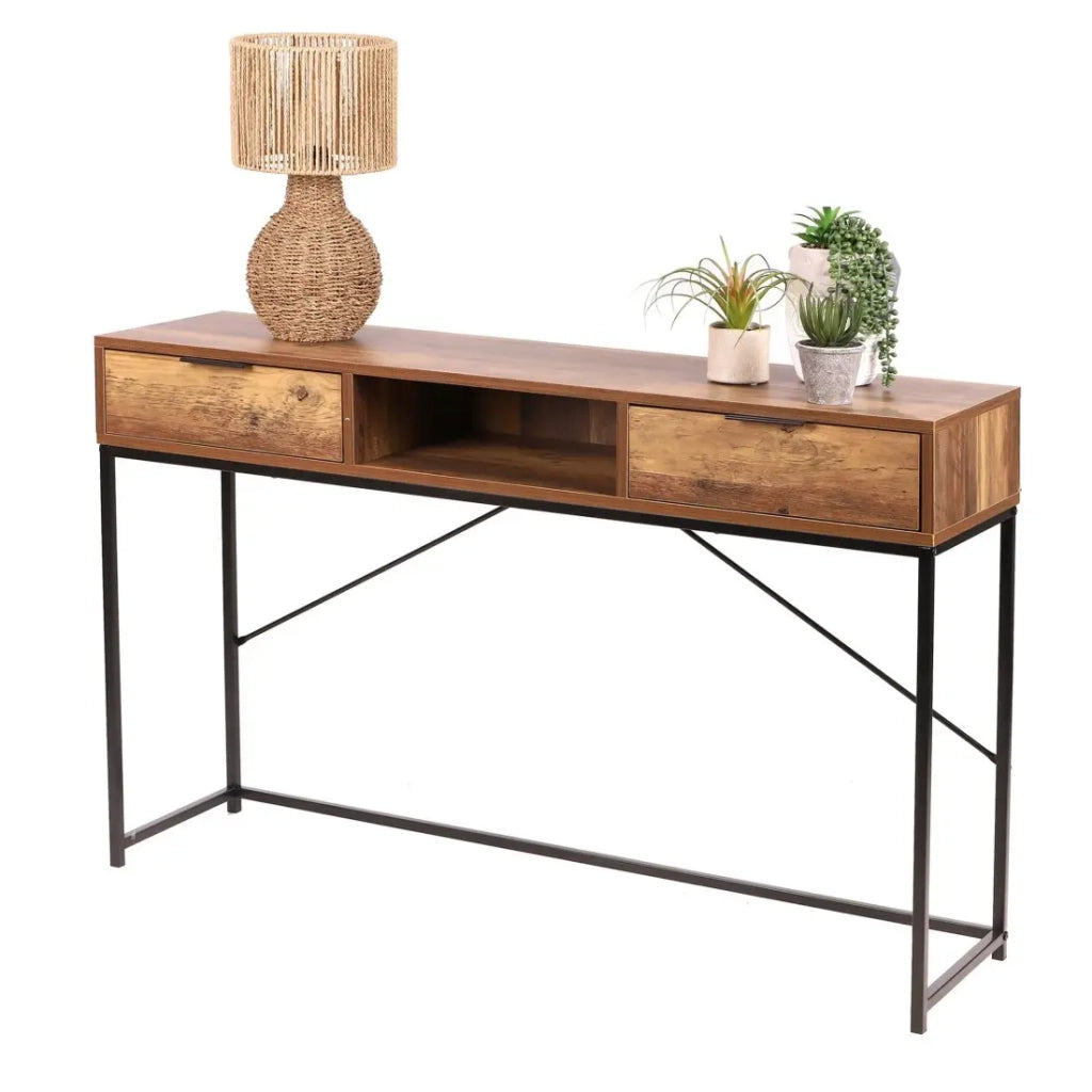 Consolle d''ingresso in stile etnico con 2 cassetti - Colore legno noce, dimensioni 120x30x75 cm