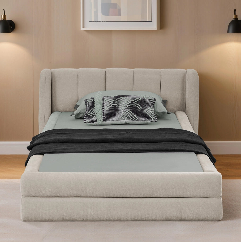 Letto singolo 90x200 cm imbottito in ciniglia con testiera ergonomica; beige