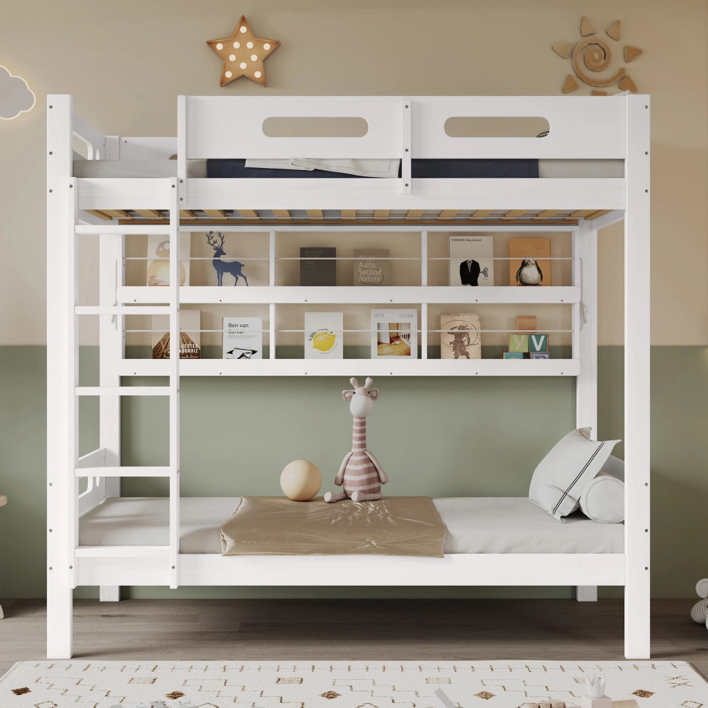 Letto a Castello Singolo 90x200 cm con Ripiani Aperti e Scala a 5 Gradini