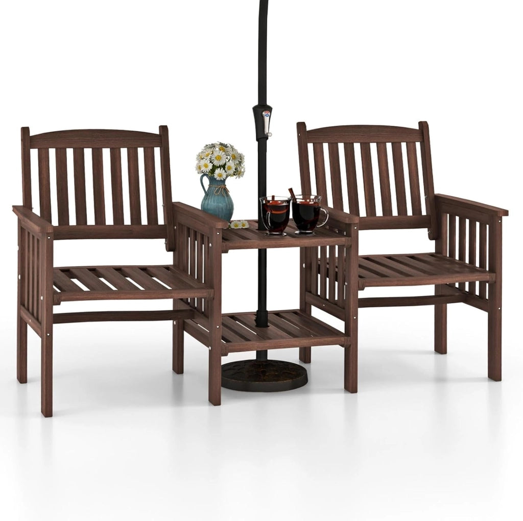 Set di salotto da giardino in un pezzo, in legno massello, 1 tavolo con foro per ombrelloni e 2 poltrone, mobili da esterno per cortile, patio, terrazza (carico 150 kg, marrone)