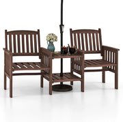Set di salotto da giardino in un pezzo, in legno massello, 1 tavolo con foro per ombrelloni e 2 poltrone, mobili da esterno per cortile, patio, terrazza (carico 150 kg, marrone)