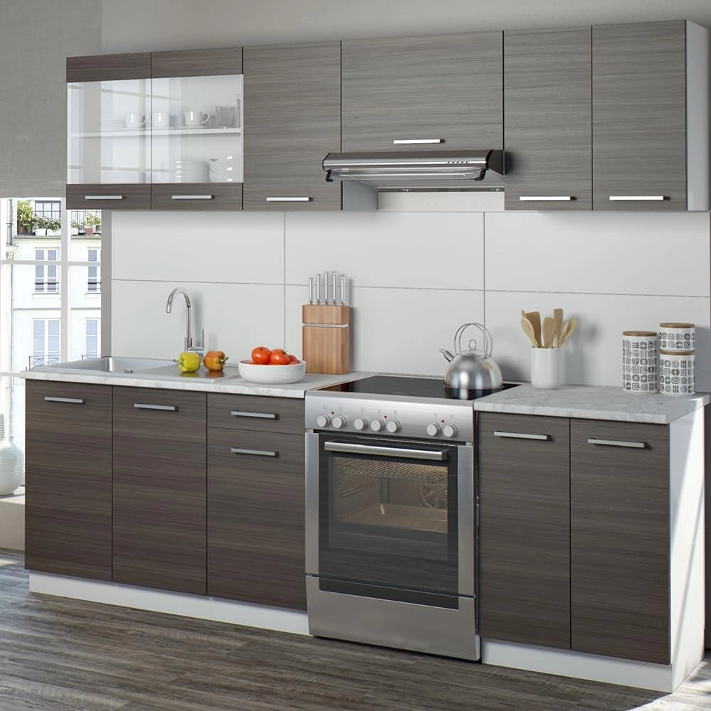 Mobile da cucina Raul, Grigio prezioso/bianco, 240 cm, PL Marmo, combinabile in modo flessibile con elementi modulari