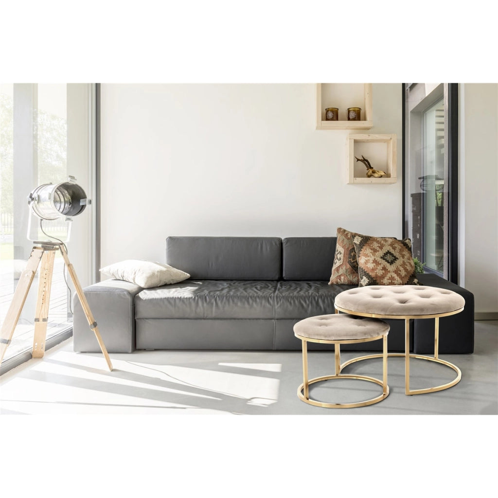 Set 2 Pouf Becky in Velluto Taupe e Metallo Oro