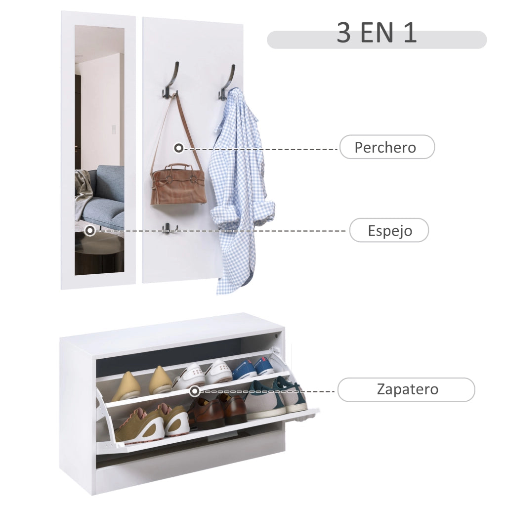 Set di Mobili per Ingresso 3 Pezzi Scarpiera Specchio Appendiabiti con Ganci ¨C Zephmum ¨C 80x27x46,5cm Bianco