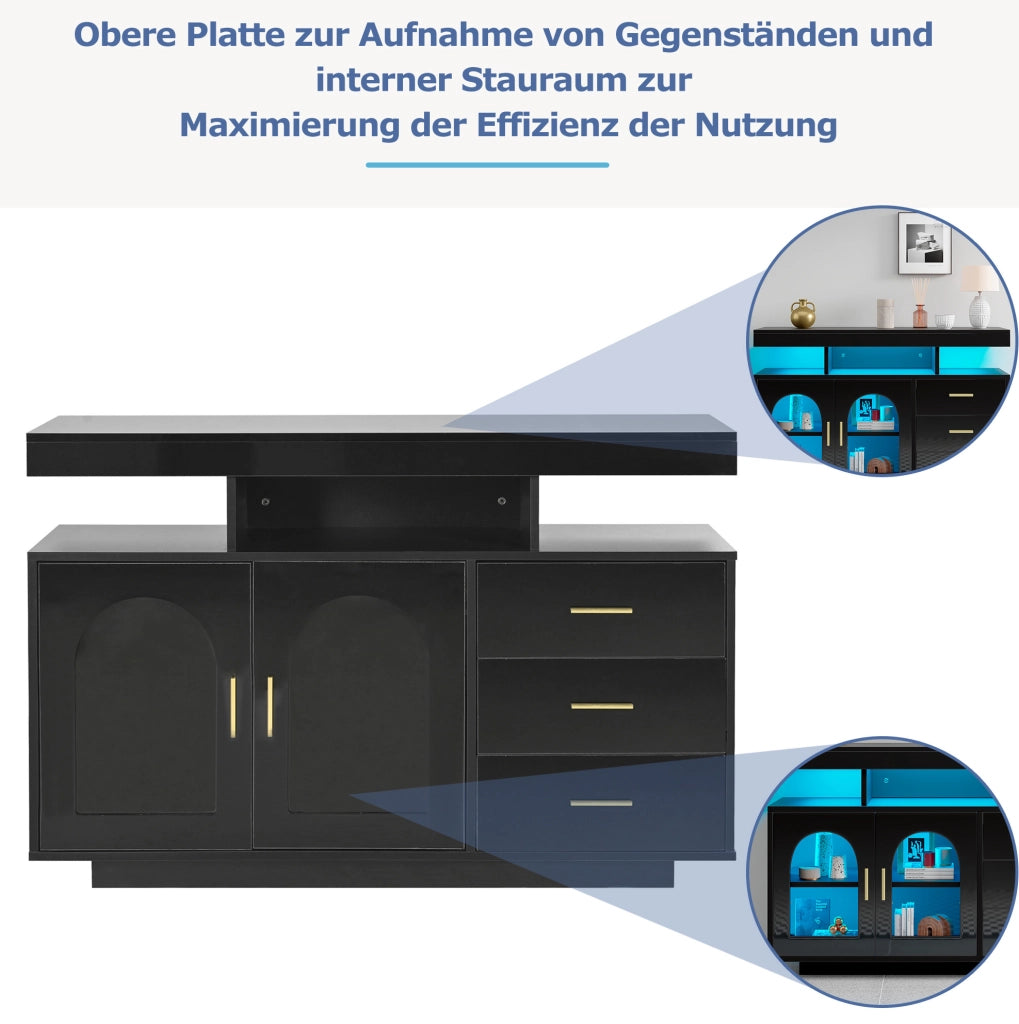 Sideboard buffet moderno 120x40x80 cm in truciolare nero lucido con LED RGB e ante in acrilico