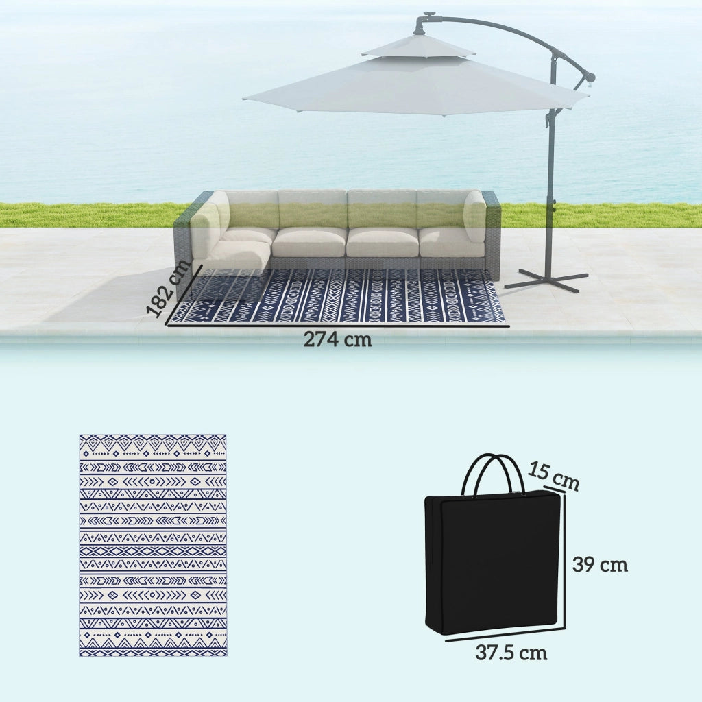 Tappeto da Esterno Reversibile 182x274 cm con Motivo Geometrico e Borsa Inclusa Blu e Bianco