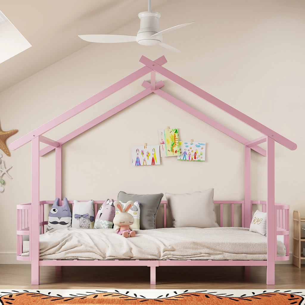 Letto per bambini 90 × 200 cm con barriera di sicurezza e tetto, senza materasso, in metallo, rosa