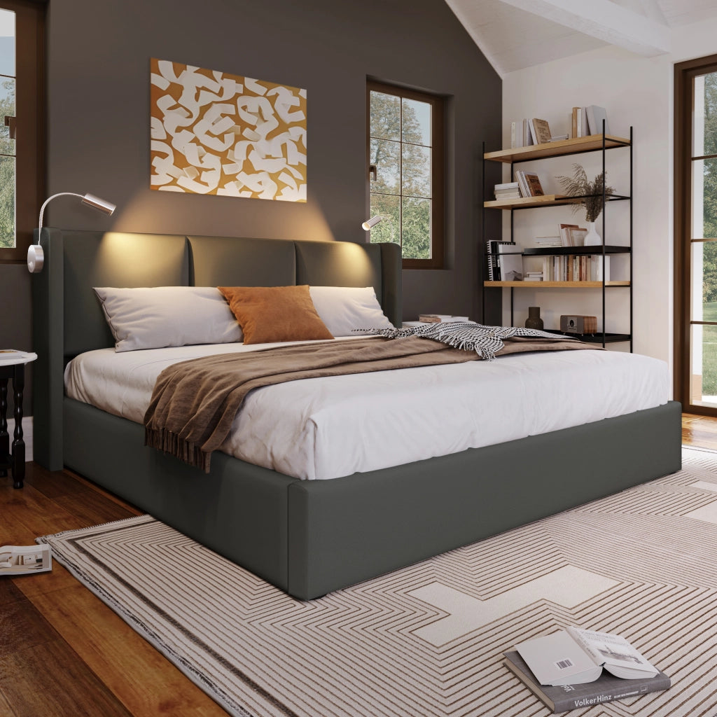 LETTO Contenitore 180x200 cm Grigio in PU con lampada da lettura e USB