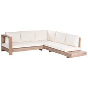 Set divano angolare da esterno in legno di acacia chiaro certificato cuscini bianchi set da salotto a 5 posti a destra e tavolino