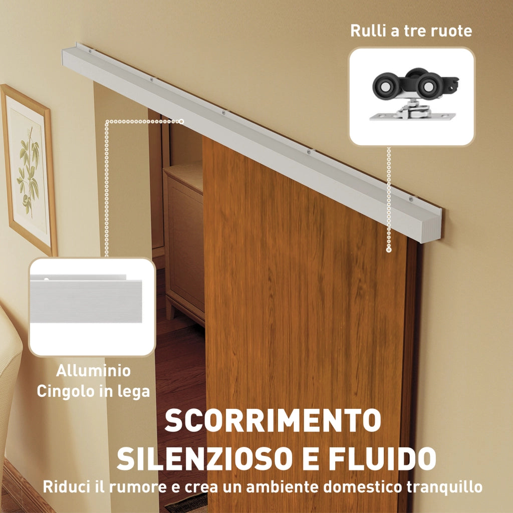 Porta Scorrevole 75x3,5x210 cm con Binario in Alluminio in MDF Effetto Legno Marrone