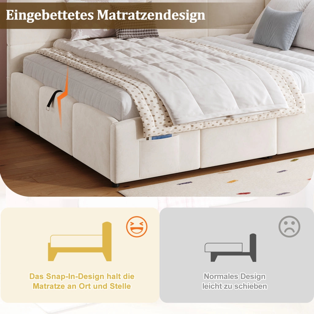 Letto imbottito con funzione divano e contenitore in velluto beige 140x190 cm