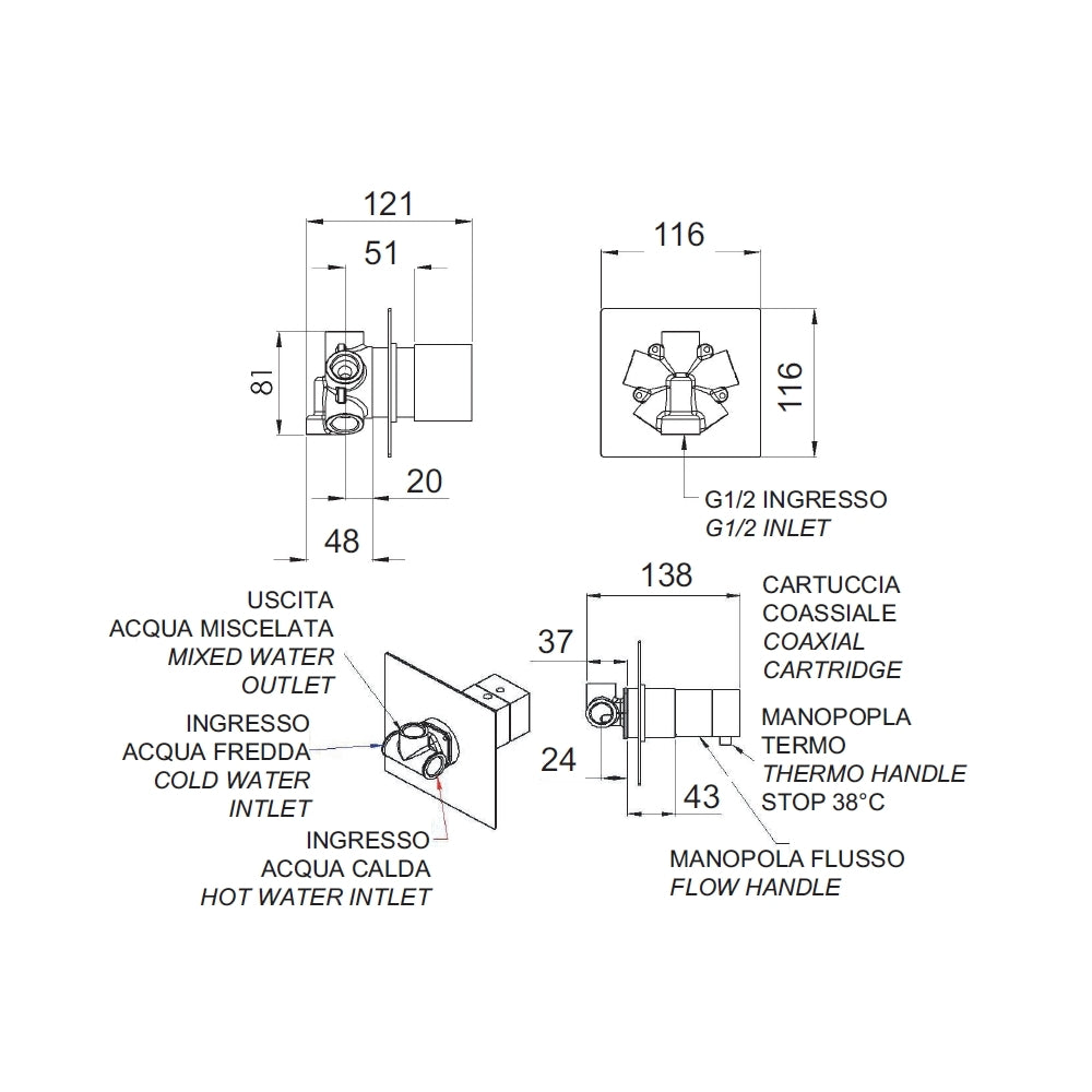 Rubinetto termostatico doccia, 4 posizioni su doppia piastra - serie qubika thermo