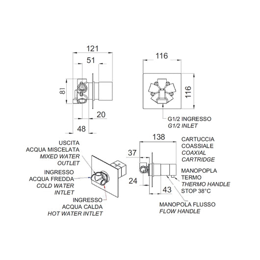 Rubinetto termostatico doccia, 4 posizioni su doppia piastra - serie qubika thermo