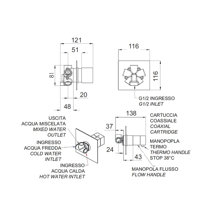Rubinetto termostatico doccia, 4 posizioni su doppia piastra - serie qubika thermo