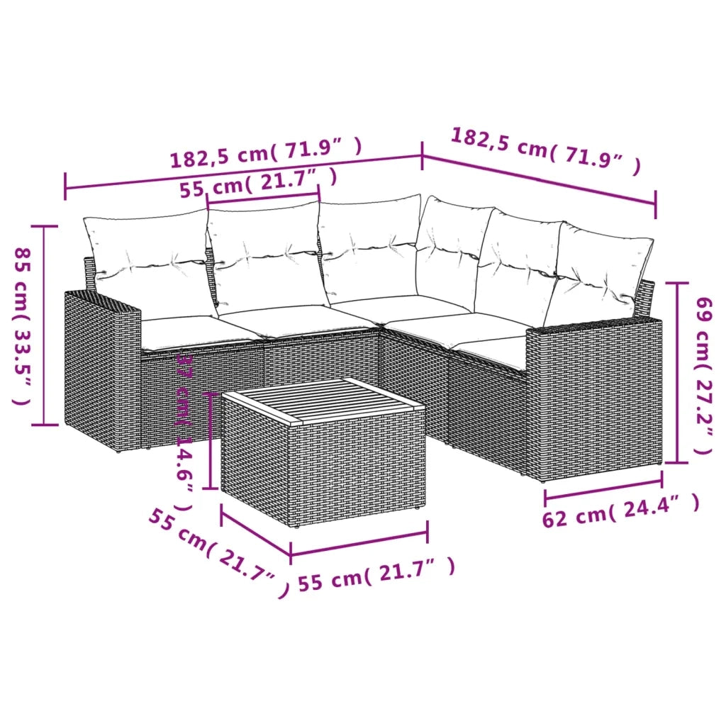 Set Divano da Giardino 6 pz con Cuscini Nero in Polyrattan 3224117