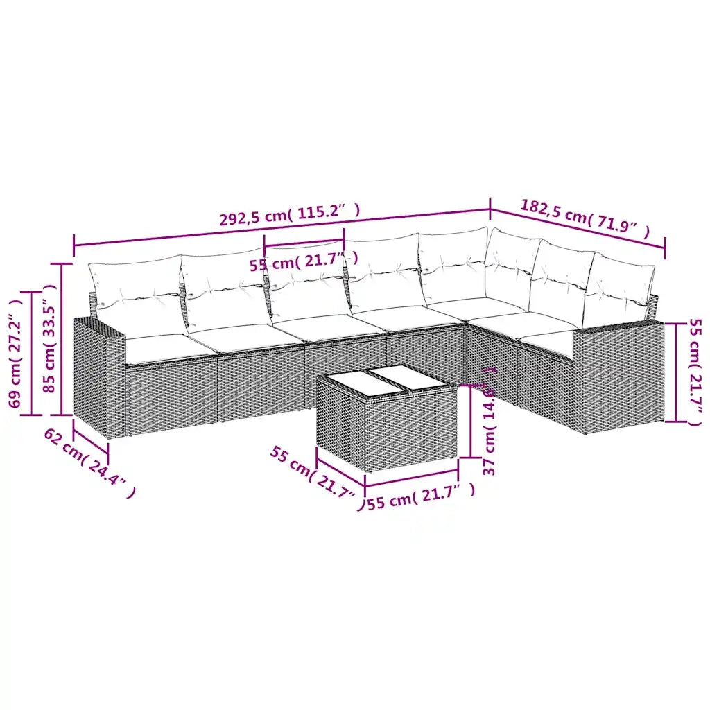Set Divani da Giardino 8 pz con Cuscini Marrone in Polyrattan