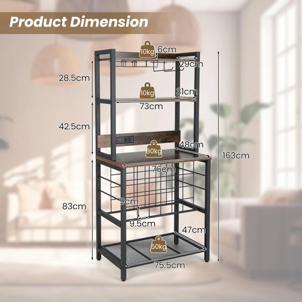 Scaffale Da Cucina Con Prese e Porte Usb, Armadietto Per Vino Con Supporto In Vetro Per 24 Bottiglie e 9 Bicchieri, Scaffale a 4 Livelli, 76 x 48 x 163 cm