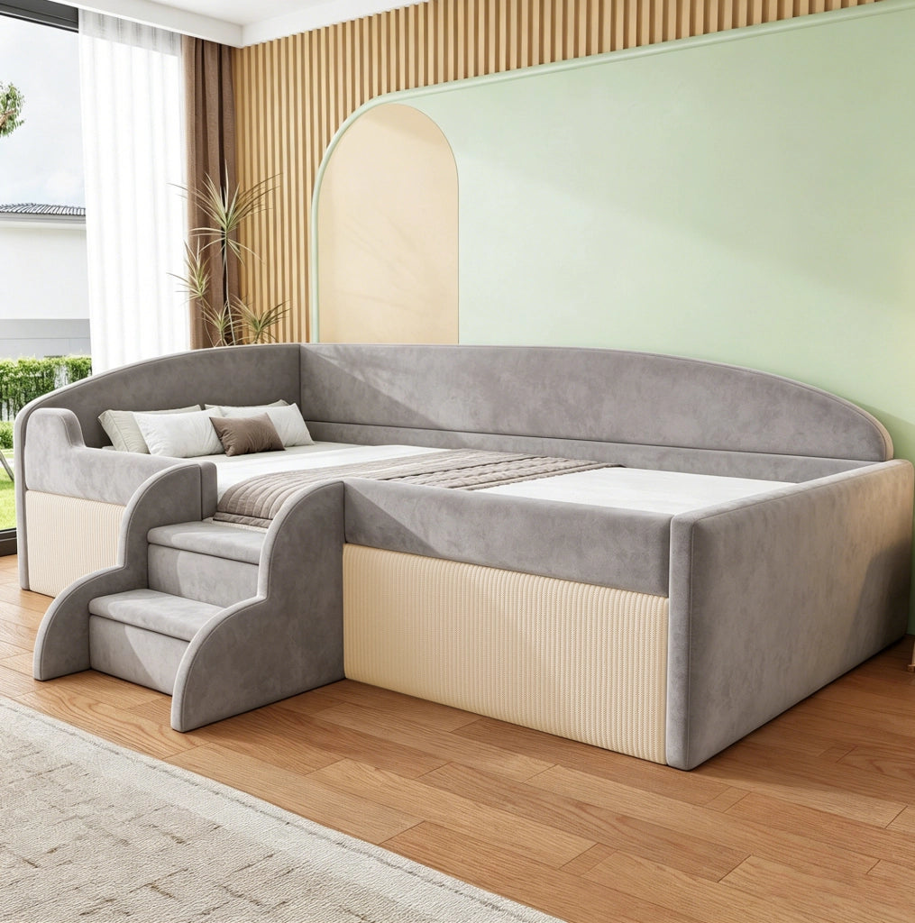Letto per bambini 90x190 cm imbottito in velluto con sponde e scalini; grigio