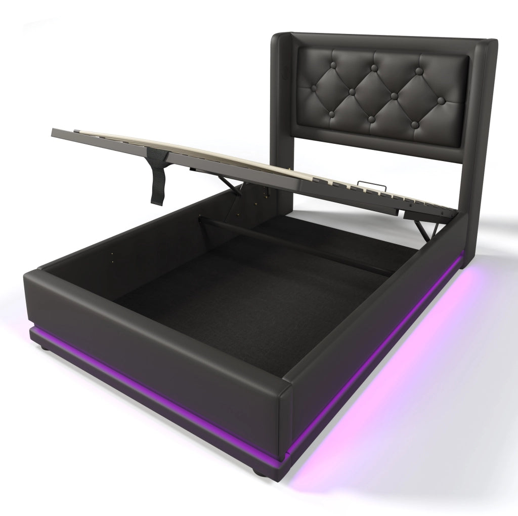 Letto singolo 90x200 cm in PU nero con contenitore; testiera imbottita; LED e USB Type-C