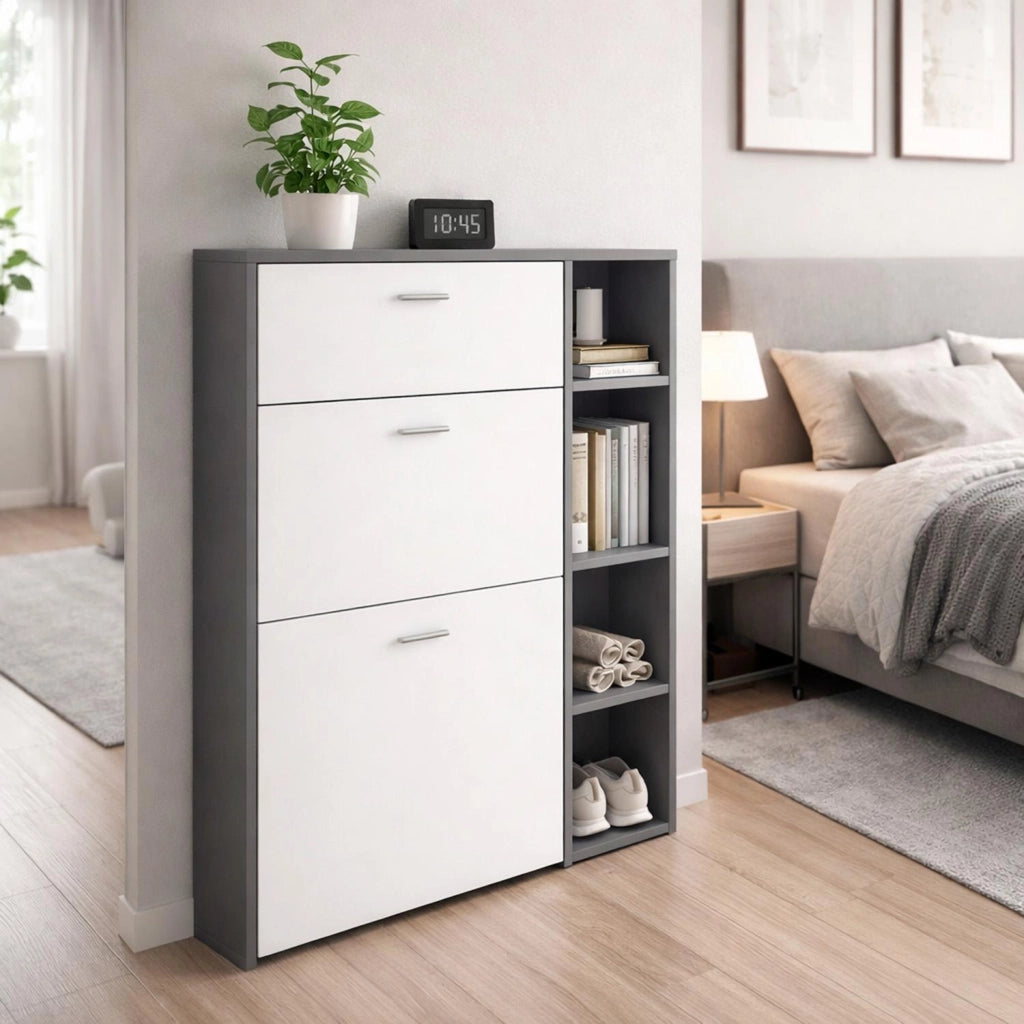 Mobile Portascarpe Scarpiera Salvaspazio Con 2 Ribalte Doppia Profondità 1 Cassetto E 3 Vani A Giorno Design Moderno Per Ingresso Corridoio Sala 90 X 101.5 X 26 Cm Bianco E Grafite