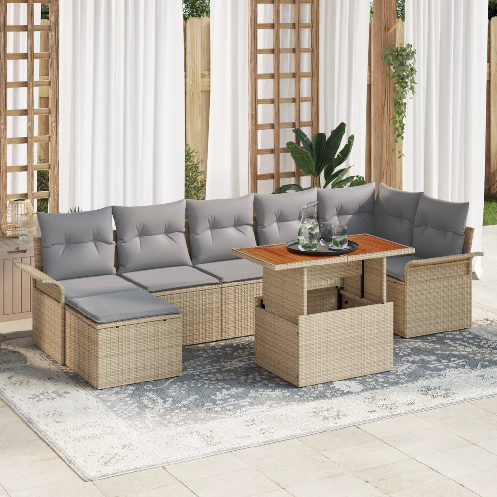 Set da Pranzo da Giardino a 8 Pezzi con Cuscini Beige Polyrattan Acacia