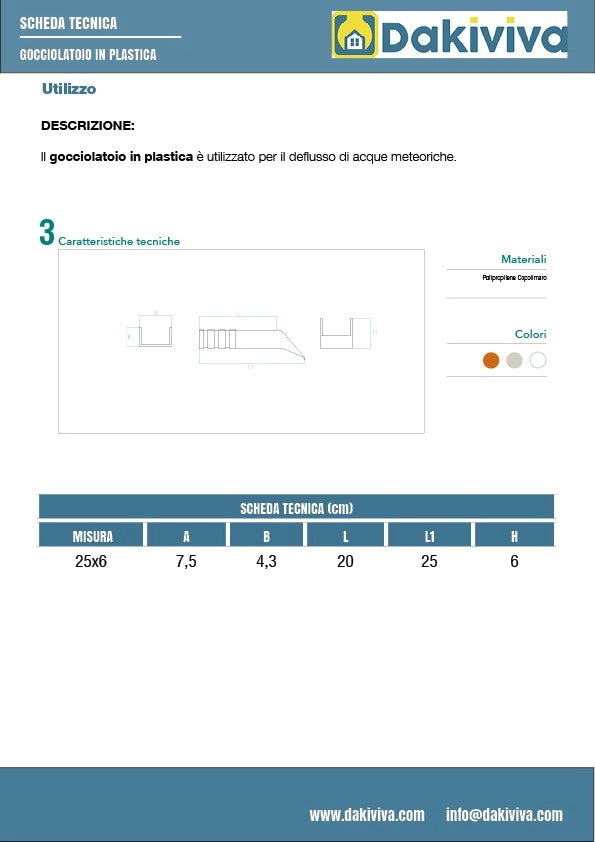Gocciolatoio in plastica cm 25x6 - leggero : Colore - Rosso
