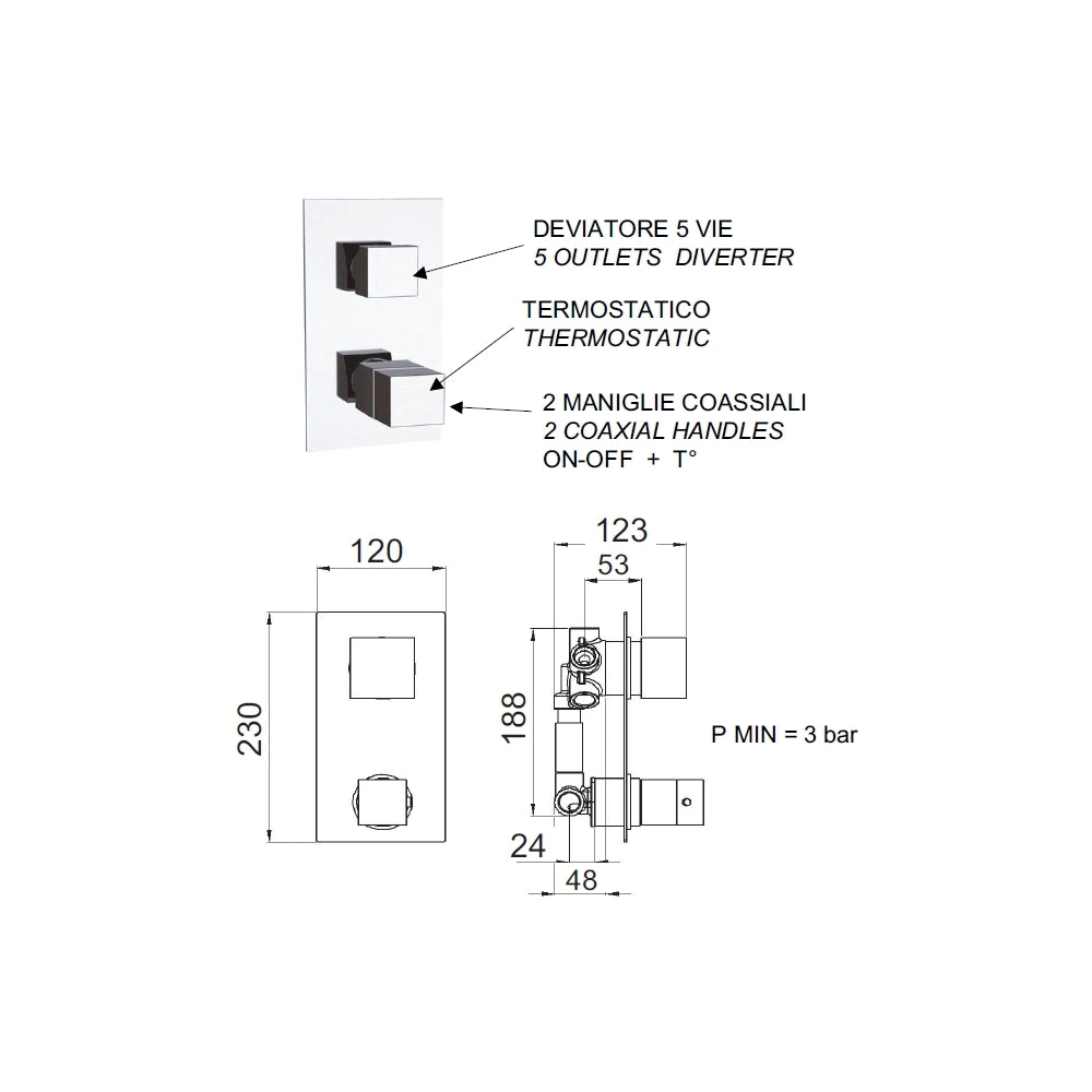 Rubinetto termostatico doccia,5 posizioni su piastra unica - serie qubika thermo