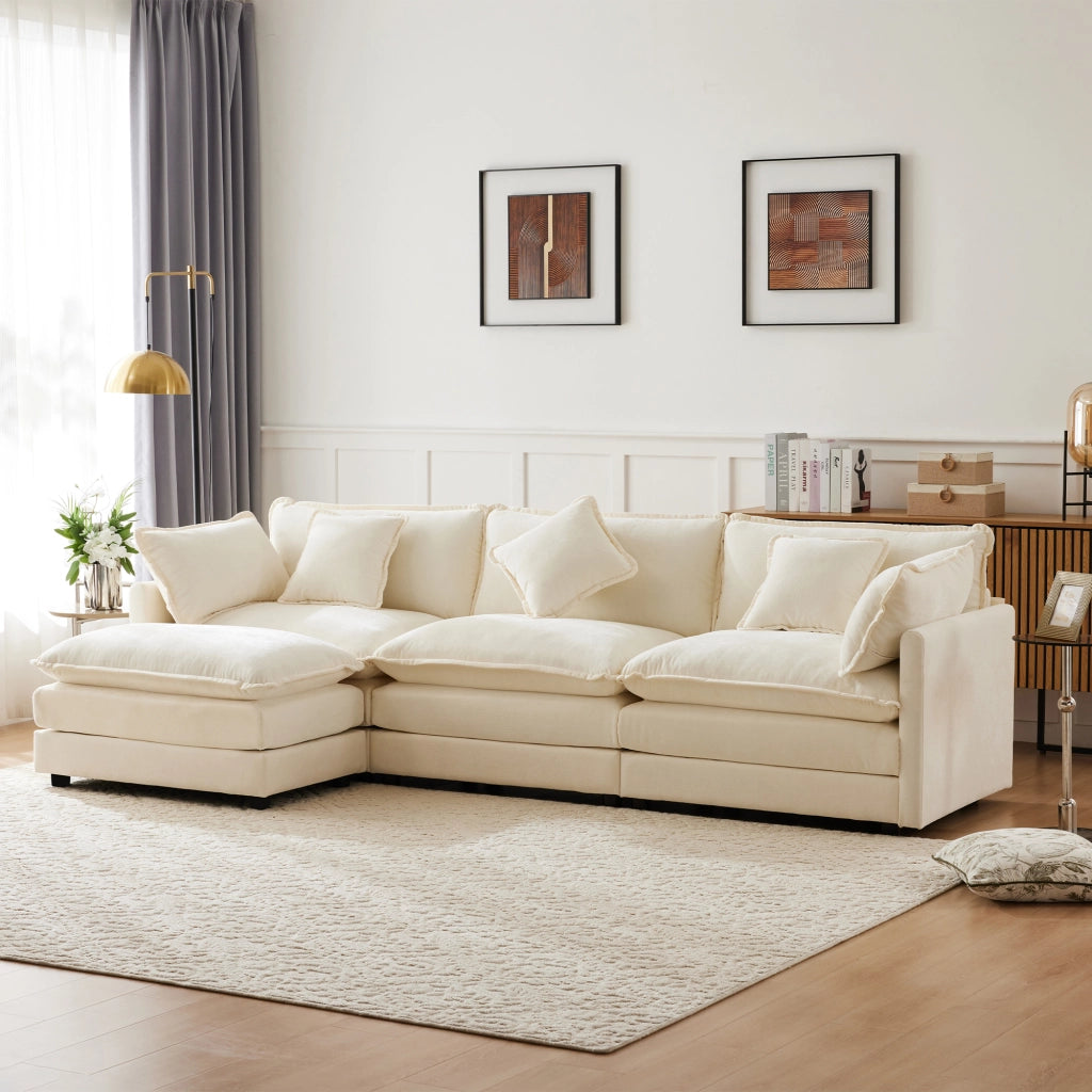 Divano angolare reversibile 3 posti con cuscini bracciolo e cuscino lombare, in Chenille Beige
