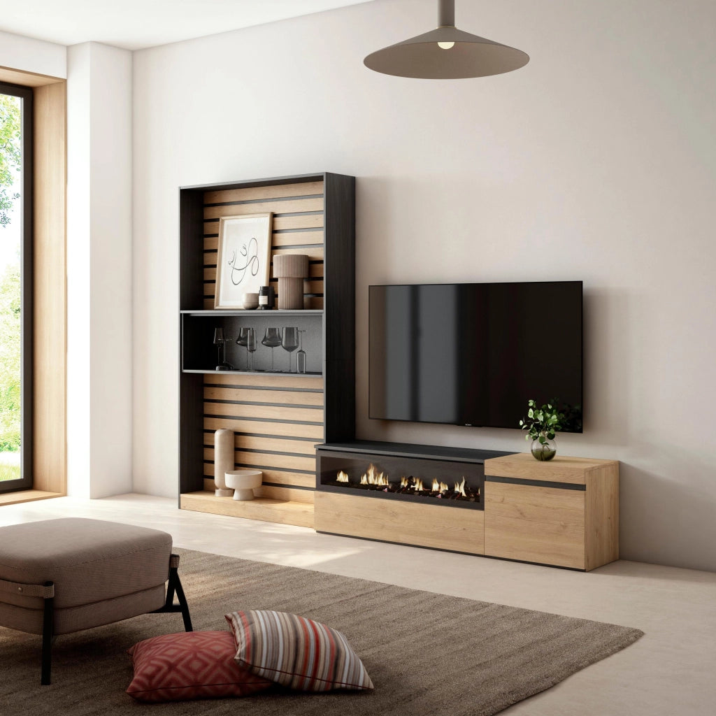 Mobile TV, Soggiorno, 260x35x186cm, Per TV fino a 65", Camino elettrico, colore Rovere e nero RF3155