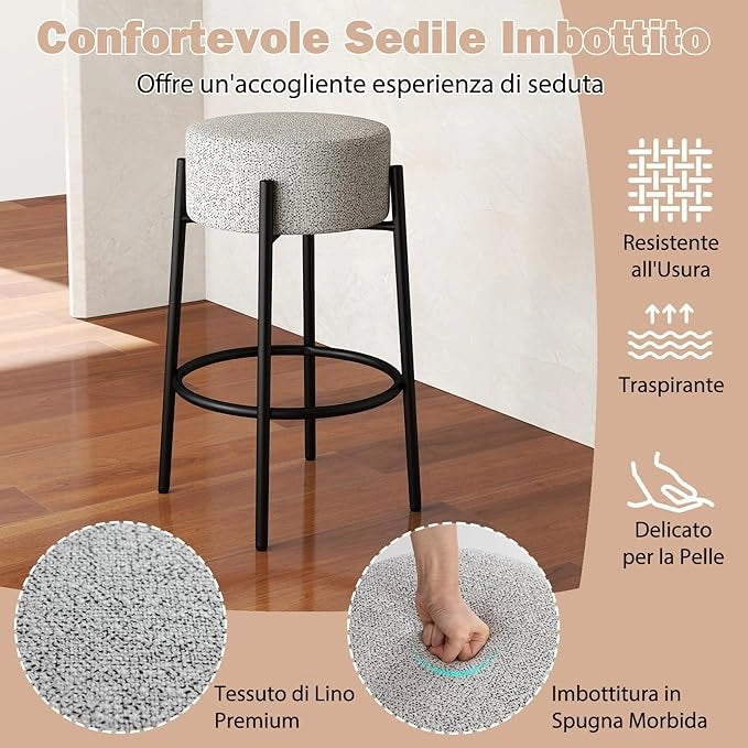 Sgabello da Bar 48 x 48 x 68 cm, Sedia da Pranzo con Seduta Imbottita e Base in Metallo, Sgabello Imbottito inTessuto di Lino per Isola della Cucina e Sala da Pranzo, Grigio