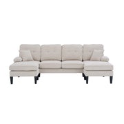 Divano a U 4 posti - con chaise longue; tasche laterali e porte USB - in lino beige