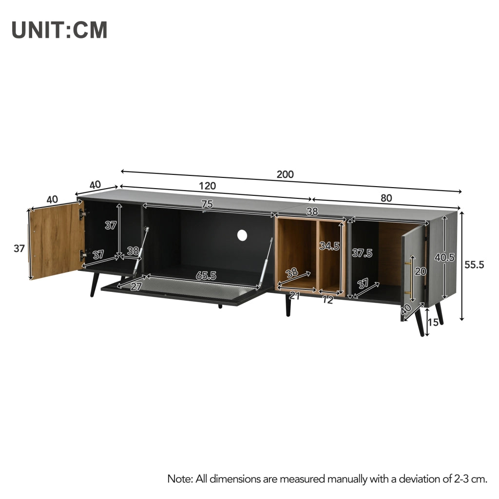 OKWISH Mobile TV con 3 Ante e 1 Vano Aperto, Passacavi, per Soggiorno, MDF, Grigio, 200 × 40 × 55.5 cm
