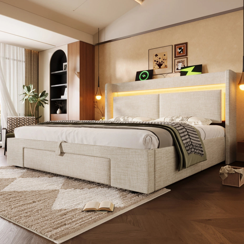 OKWISH Letto Contenitore 180×200 cm, Letto Matrimoniale con LED Regolabile, USB, Tipo C e Cassetto, senza Materasso, in Lino, Beige