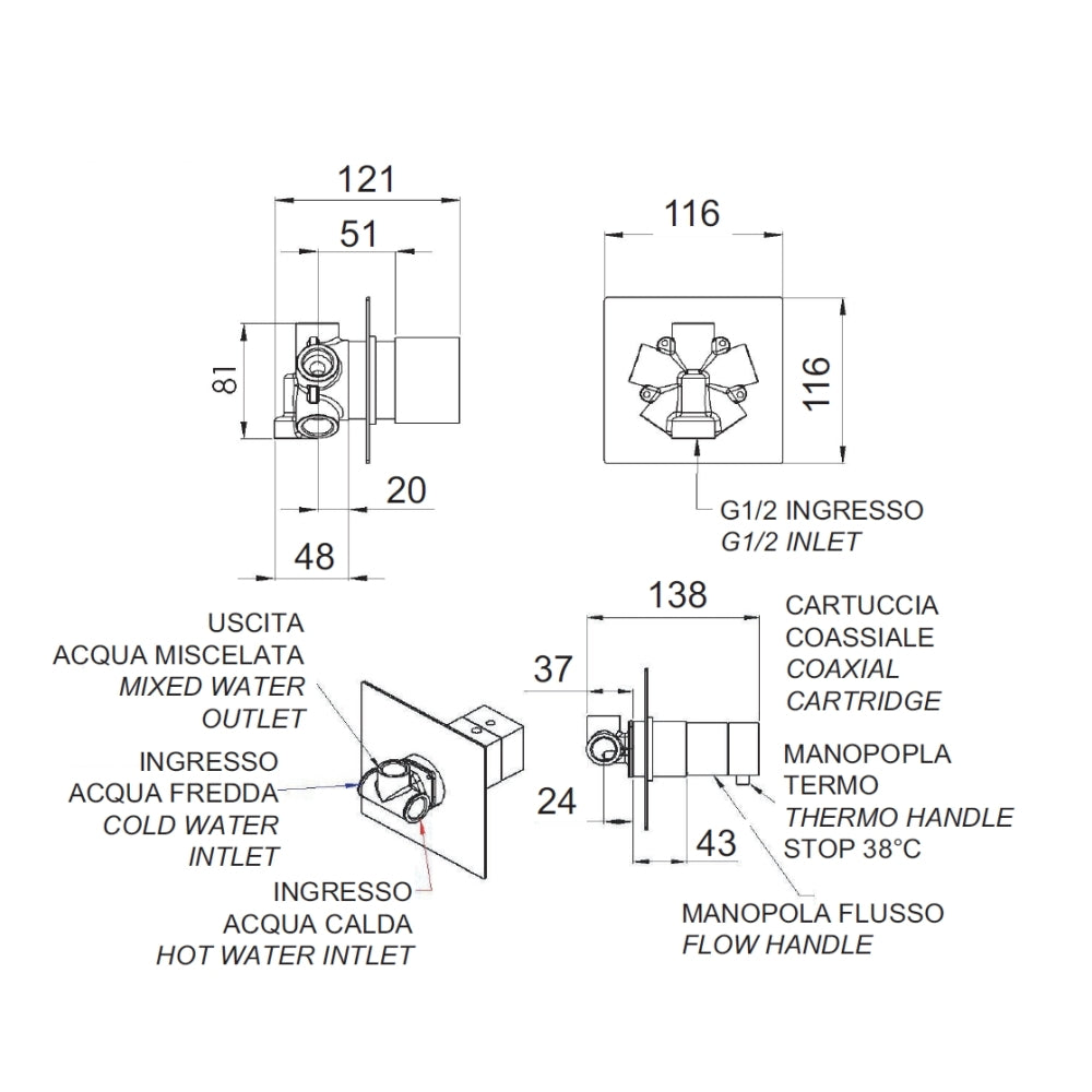 Rubinetto termostatico doccia,5 posizioni su doppia piastra - serie qubika thermo