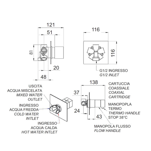 Rubinetto termostatico doccia,5 posizioni su doppia piastra - serie qubika thermo